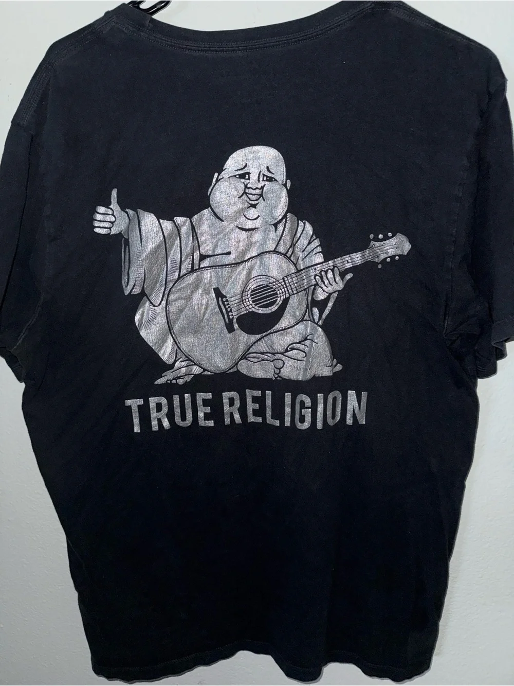 True Religion Men's Black Graphic Tee with Silver Buddha Guitar Print